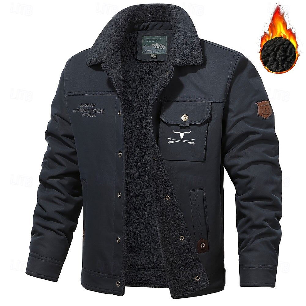 Chaqueta polar bordada con estampado de vaca para hombre, chaqueta de camionero sherpa, chaqueta cargo de trabajo, cuello vuelto, chaqueta de algodón cálida para invierno, abrigo deportivo informal 2025 - $52.99 –P1
