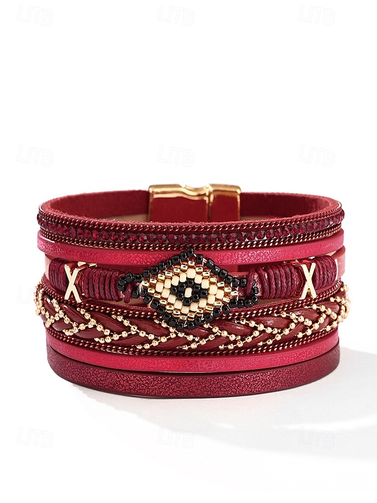 boho koralikowa wielowarstwowa skórzana bransoletka – modna damska bransoletka z zapięciem magnetycznym do swobodnych i boho stylizacji 2025 - $11.99 –P12