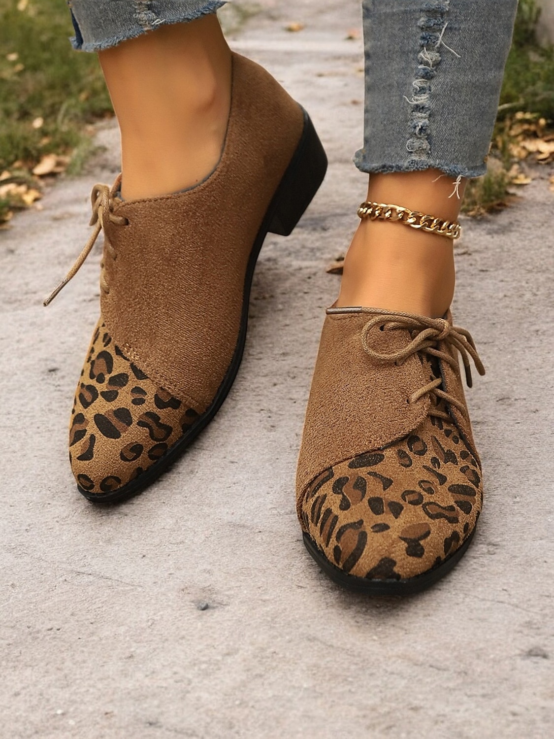 hnědé oxfordské boty z umělého semiše s leopardím vzorem - stylové šněrovací kalhoty pro ženy, ideální pro ležérní a vintage vzhled 2025 - $32.99 –P1