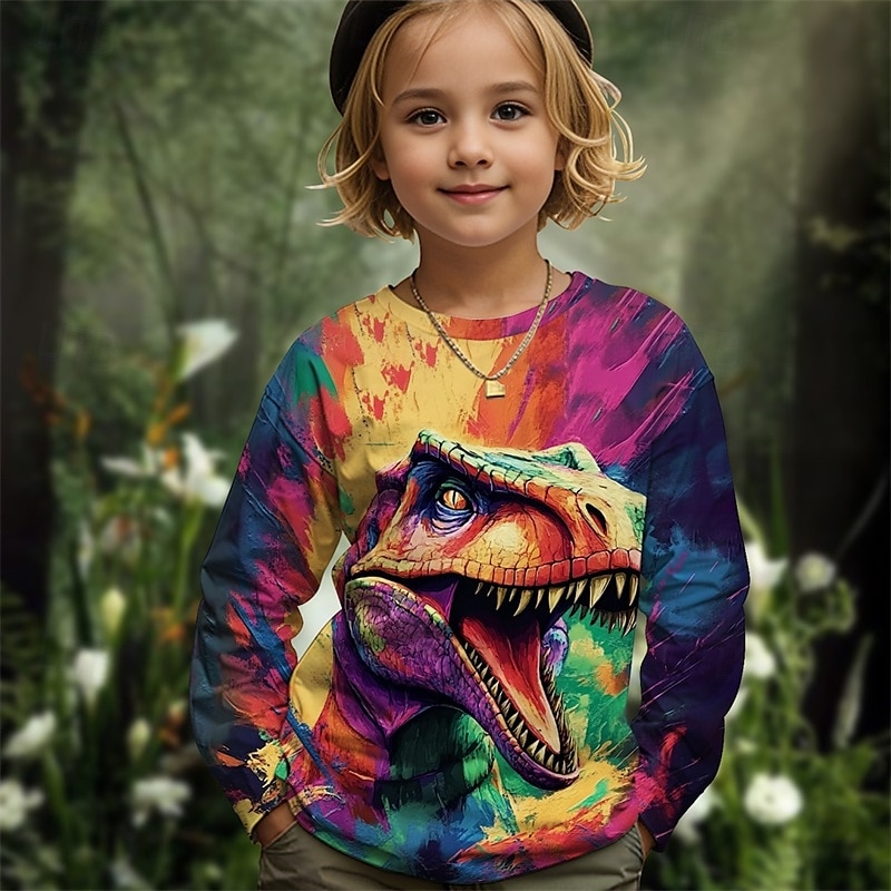 Tyttöjen 3D Kuvitettu Eläin Dinosaurus T-paita Pitkähihainen Kevät Syksy Muoti Perus Lapset 4-12 vuotta Tiukka pyöreä kaula-aukko ulko- Kausaliteetti Päivittäin Normaali 2025 - $13.99 –P2