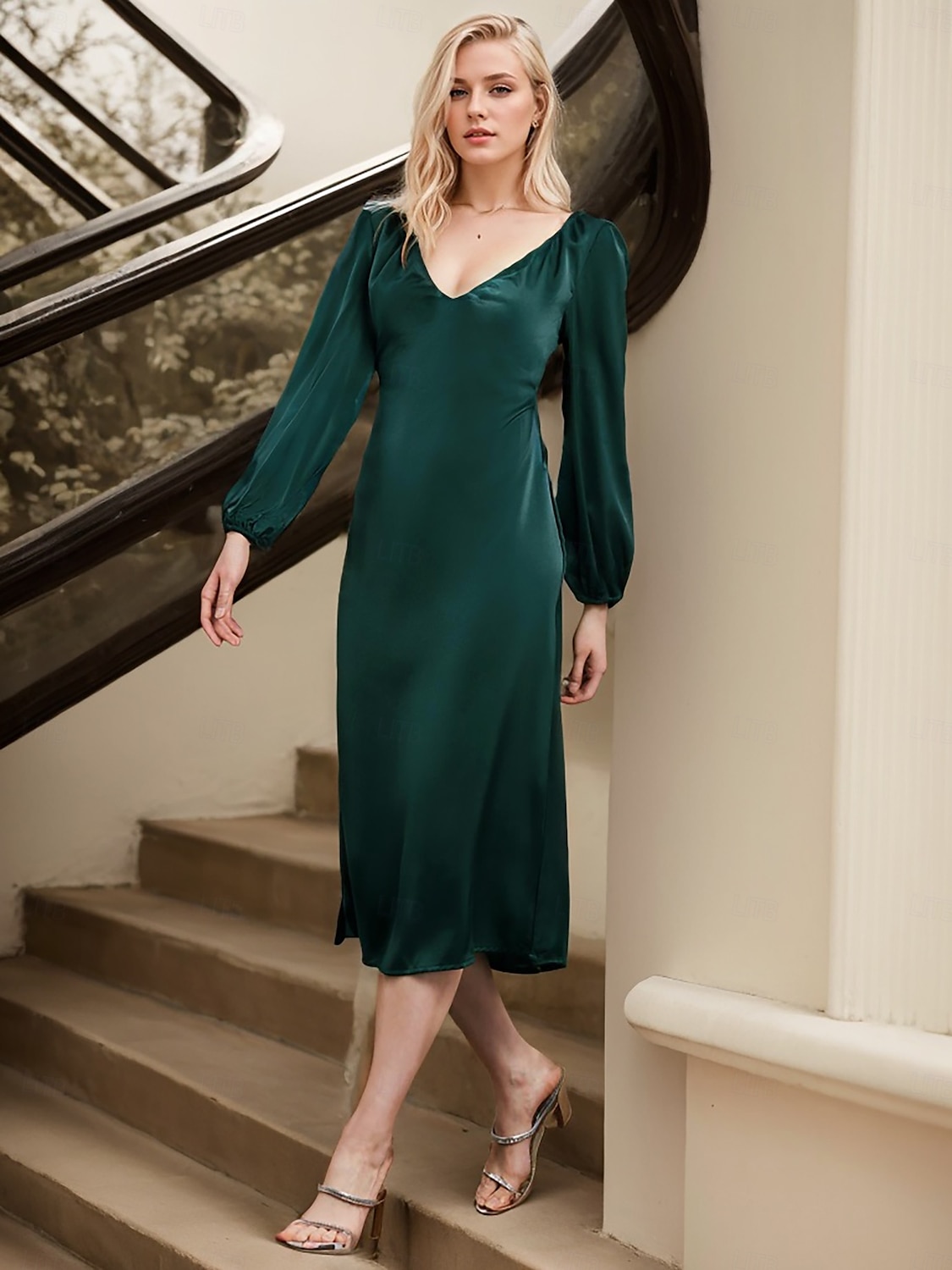 Abito midi con scollo a V e schiena scoperta in raso del 2025 a $57.99 –P6