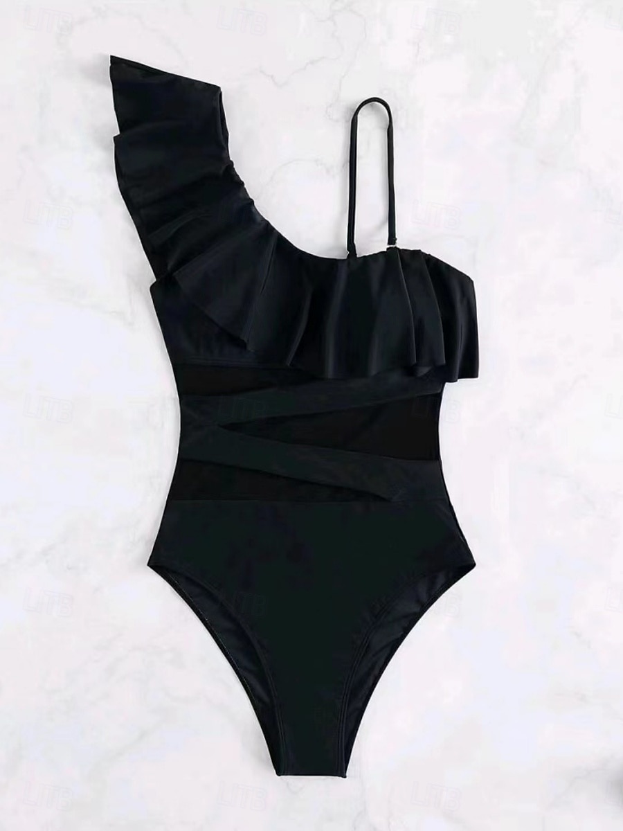 Dam Badkläder En bit Monokini Baddräkt Volang Nät Öppen rygg Magkontroll Hög midja Semester Standkläder Ensfärgat Halterneck Ärmlös Baddräkter 2025 - $28.99 –P2
