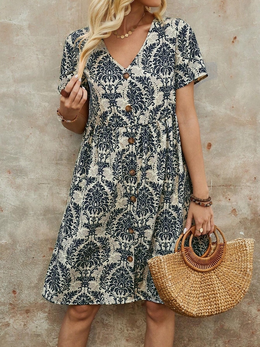 Femme Mini robe Robe casual robe boheme Rétro Vintage Décontractées du quotidien Standard Floral Manche Courte Col V Bleu Marron Vert Eté Printemps Automne de 2025 ? $35.99 –P1