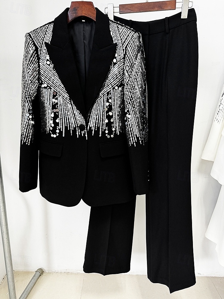 Two Piece Pantsuit Evening Gown Vintage Dress Tuxedo Dress Formal Wedding Floor Length Long Sleeve Shirt Collar  with Glitter 2025 - $199.99 –P8