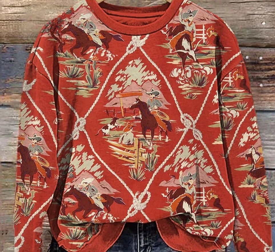 Women's Sweatshirt Vintage Western Print Graphic Plaid Tribal Home Work Casual Round Neck Patchwork Print Long Sleeve Red Fall & Winter 2025 - $29.99 –P3