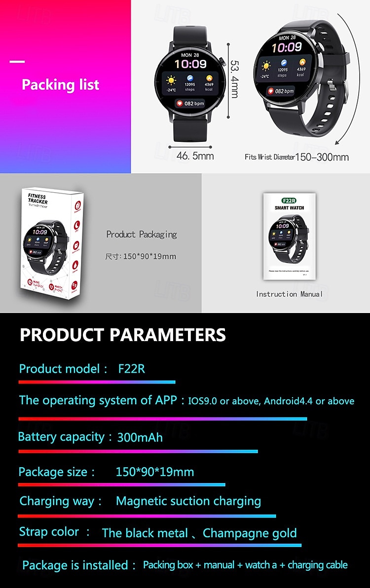 2025年 F22Rスマートウォッチ非侵襲的血糖モニタリング温度心拍数IP68防水スポーツブレスレット コレクション – $54.99 –P19