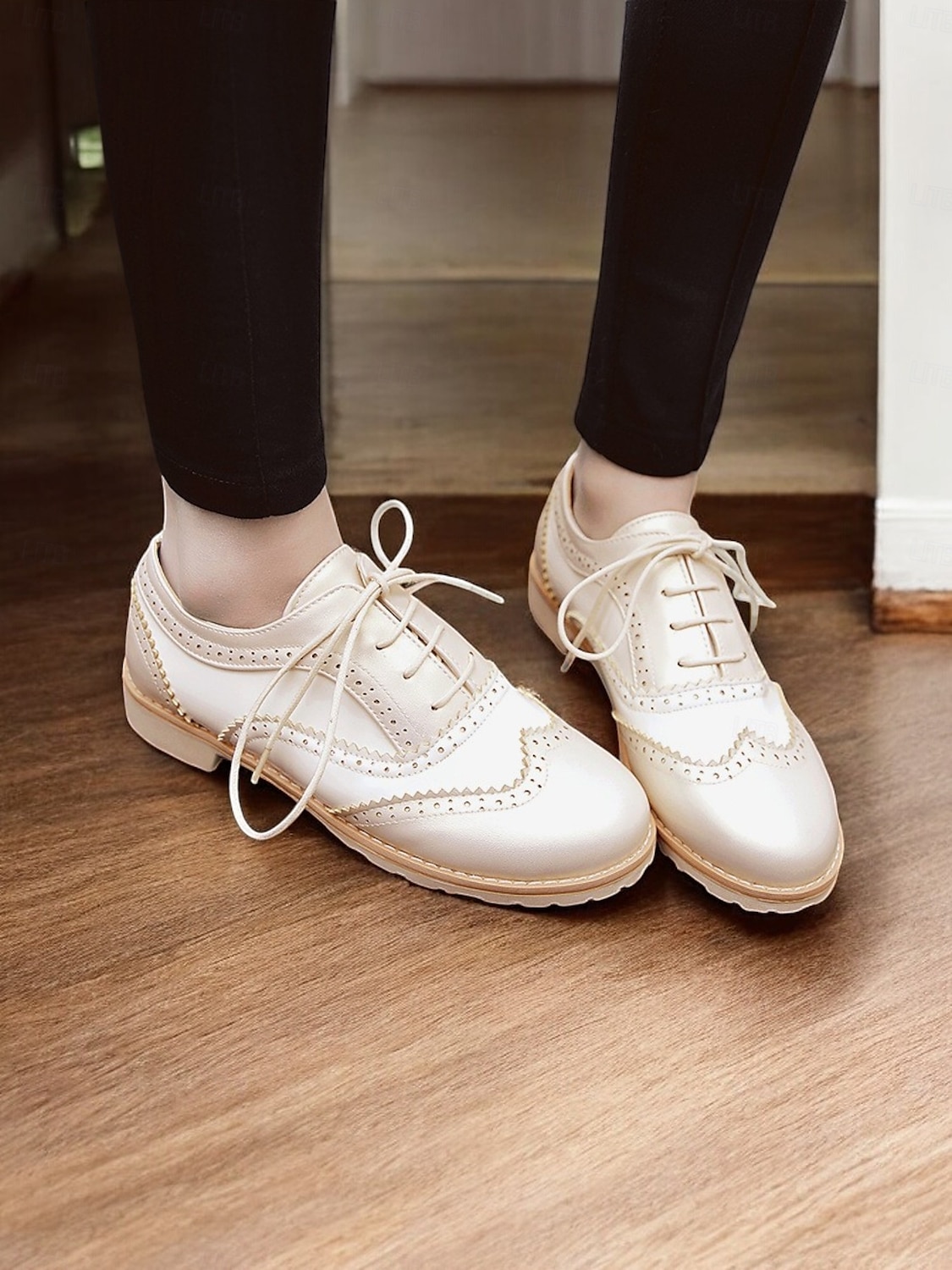 Women's Beige and White Oxford Brogue Shoes - Vintage Lace-Up Low Heel Casual Shoes for Everyday Wear 2025 - $42.99 –P6