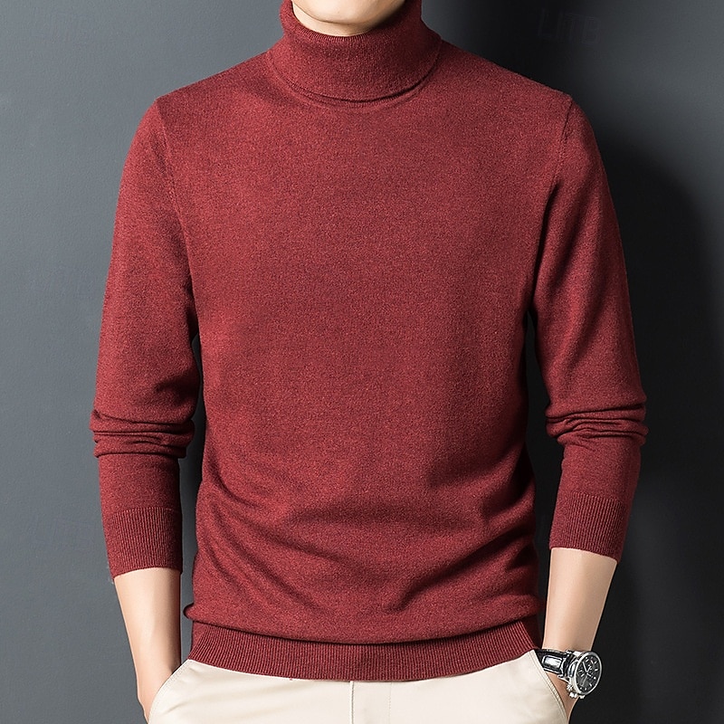 Men's 100% Wool Pullover Sweater Jumper Knit Solid Color Turtleneck Knitwear Elegant Christmas Outdoor Clothing Apparel Fall Winter Black Red S M L 2025 - $57.99 –P7