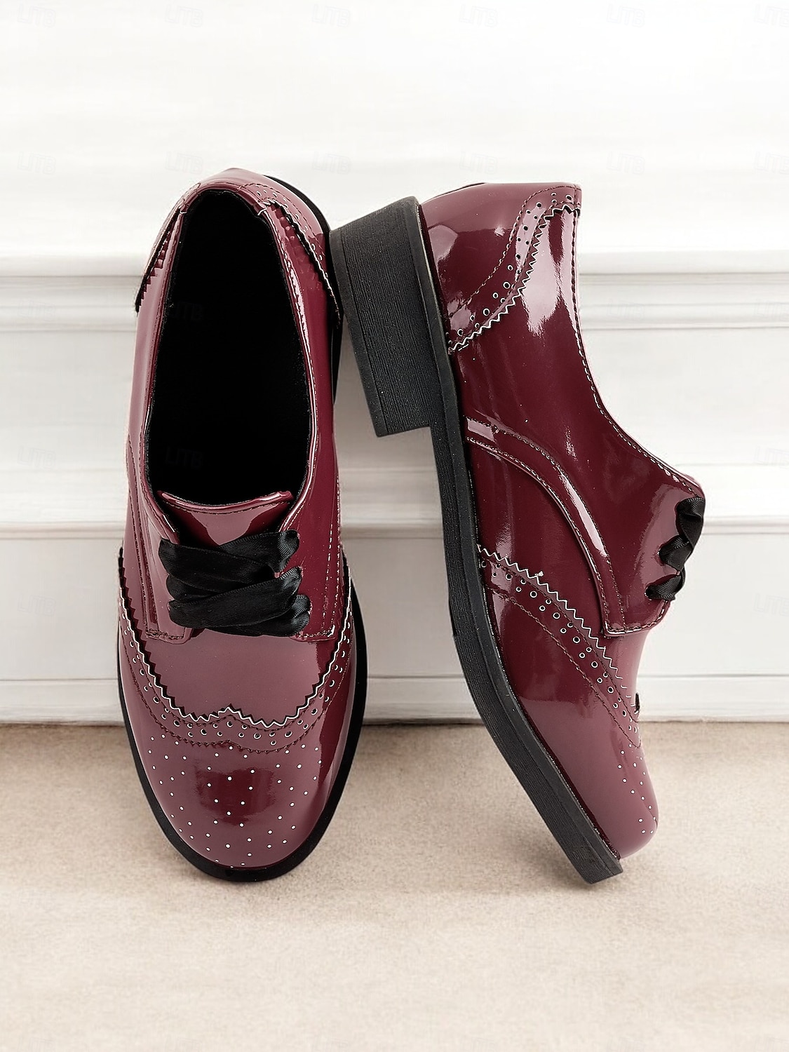 Black Patent Brogue Oxfords with red/pink/mauve Laces Womens Oxford Shoes, Brogue Shoes Women, Chunky Platform  main image 4