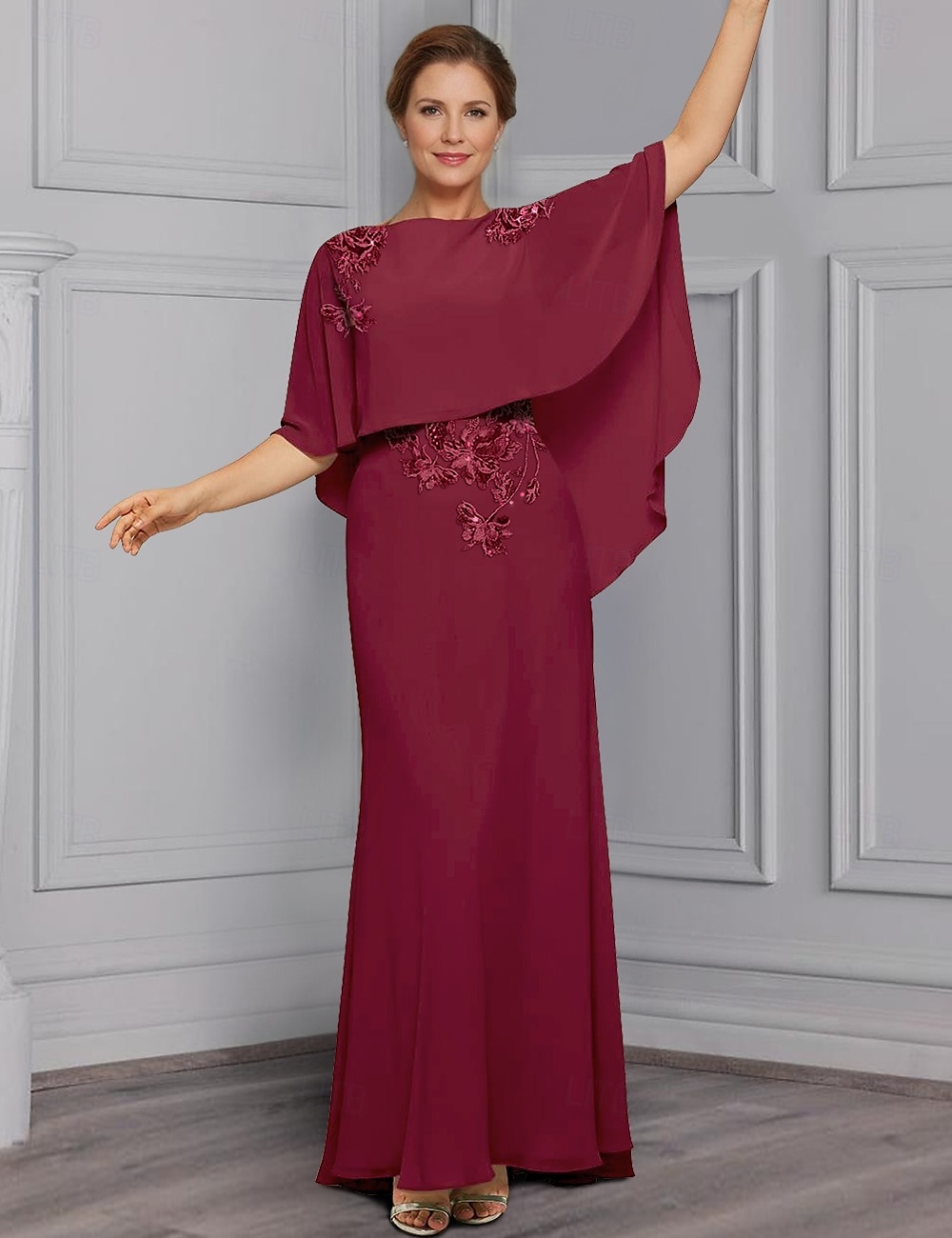 gaine / colonne robe plage mariage mère de la mariée robe élégante col en V longueur au sol en mousseline extensible demi-manche avec dentelle fleur à plusieurs niveaux 2025 de 2025 ? $165.99 –P4