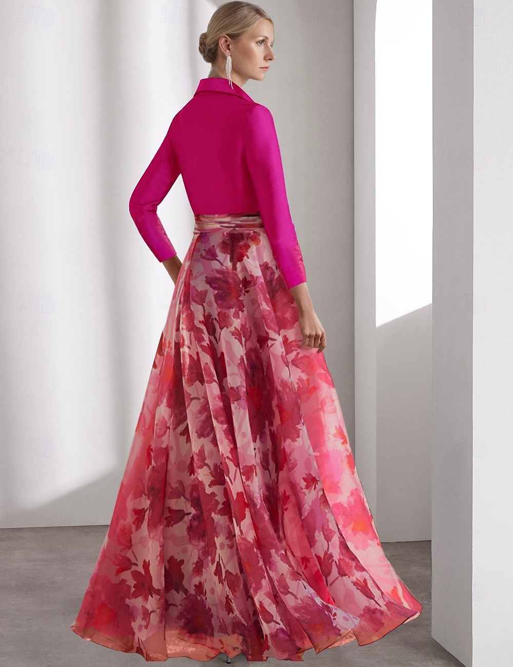 A-Linien-Mutter der Braut Kleid Smoking Kleid Strandhochzeit Elegant Hemdkragen Bodenlänglich Chiffon 3/4 Länge Ärmel mit Blumen Derby Kleid Renntag Kleid Hochzeitsgastkleid 2025 2025 - $170.99 –P2