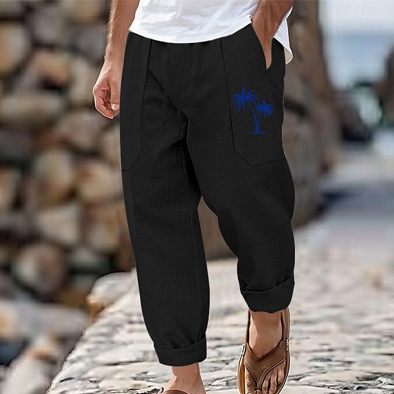 Herren Leinenhose Hose Hosen Sommerhosen Kordelzug Elastische Taille Gerade geschnitten Kokosnussbaum Komfort Atmungsaktiv In voller Länge Outdoor Casual Täglich Modisch Retro Vintage Schwarz Weiß 2025 - €22.67 –P7