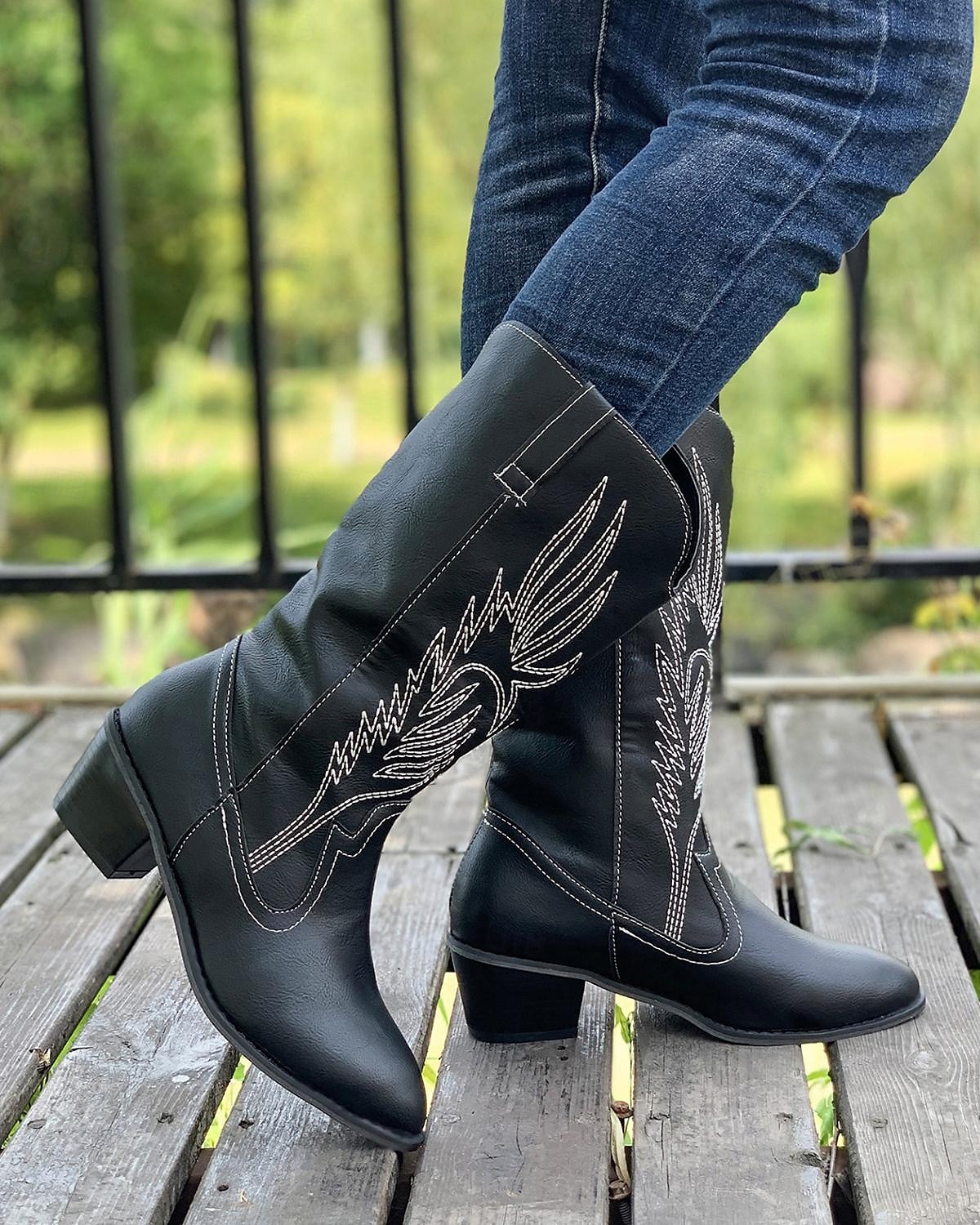 damskie kowbojskie buty w stylu western – klasyczne, sięgające do połowy łydki, brązowe, ze sztucznej skóry z haftowanym wzorem, idealne na co dzień, na festiwale i do strojów wiejskich 2025 - $42.99 –P2