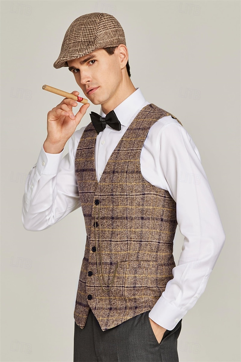 Goldene Zwanziger 1920er Retro Vintage Outfits Weste Zubehörset Gentleman Gangster Karomuster Schachbrett Kostüm Herren Karnevalskostüm 4 Stücke Halloween Karneval Neujahr Maskerade Cocktailparty 2026 - $79.99 –P4