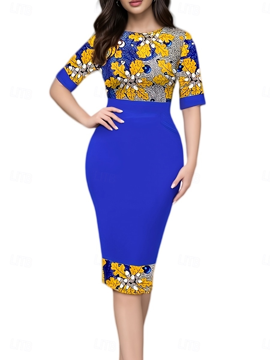 Dam Arbetsklänning Skiftklänning Elegant Kontor Dagligen Midiklänning Mönster Rund hals Halvlång ärm Blommig Smal Gul Blå Vår Höst S M L XL 2XL 2025 - $39.99 –P3