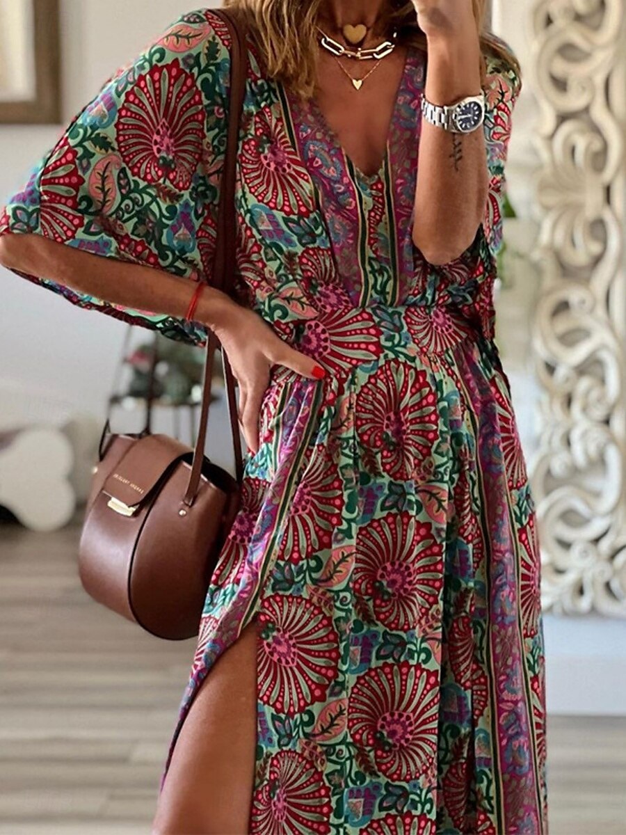 Femme Robe Maxi Robe casual Robe Évasée Robe Trapèze robe boheme Décontractées du quotidien Standard Floral Demi Manches Col V Fuchsia Eté Printemps Automne de 2025 ? $33.99 –P2