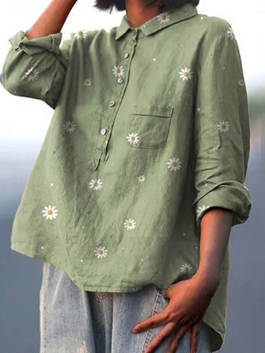 Per donna Camicia Finto cotone e lino Manica Lunga Colletto a Camicia Blu Bianco Verde Primavera & Autunno del 2026 a $23.99 –P1