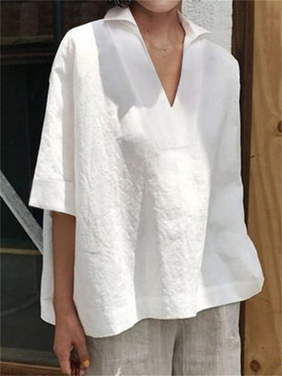 Per donna Camicia Camicia in lino e cotone Blusa Tinta unica Essenziale Informale Manica a 3/4 Collo dentellato Top regolari Giornaliero Bianco Rosa Verde Estate Primavera del 2025 a $24.99 -P3