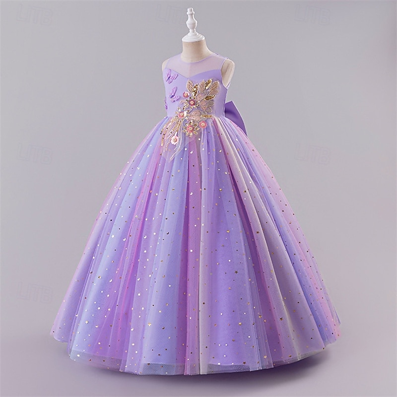 Blomsterpikekjole Barn Jente Prinsesse kjole Ytelse Bryllup Fest Elegant Vakker Netting Regnbue Ermeløs Crew-hals Rosa Blå 4 år + 2025 - $43.99 –P4