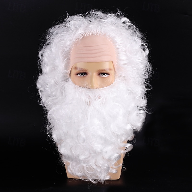 Weihnachtsmann-Bart- und Perückenset, weißer Bart und Perücke, lockige Weihnachtskostüm-Perücke für Männer 2025 - $16.99 –P6