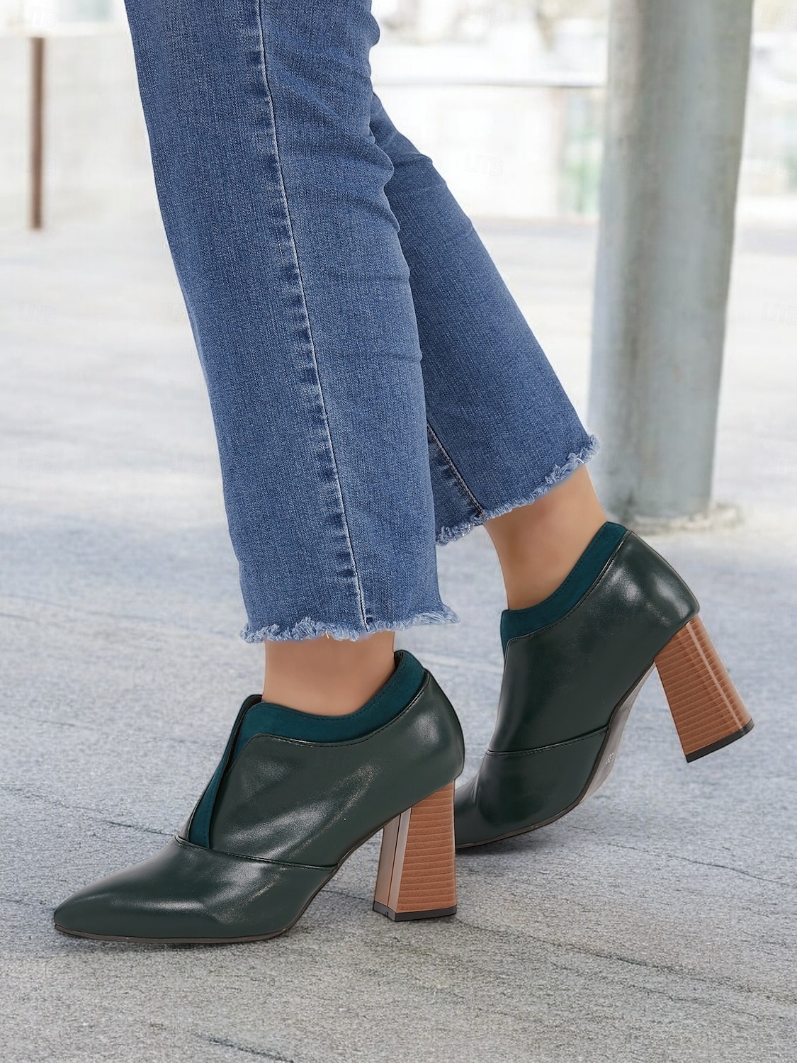 botins femininos de couro sintético verde com bico fino e salto bloco – sapatos modernos e sofisticados para uso no escritório e na noite de 2025 por $54.99 –P1