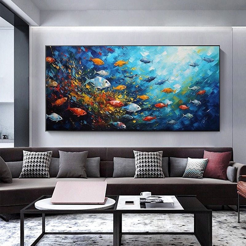 Pintura en lienzo de peces marinos azules abstractos hecha a mano, arte nórdico, grafiti, tamaño grande, decoración moderna para sala de estar, imagen sin marco 2026 - $131.99 –P4