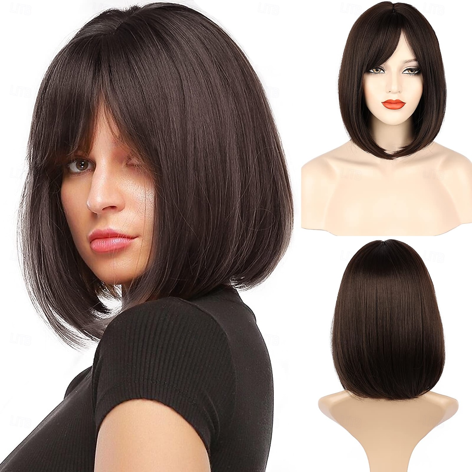 perruque bob avec frange perruques pour femmes look naturel perruque courte avec frange super douce &perruque synthétique résistante à la chaleur avec frange latérale, perruque droite facile à porter de 2025 ? $18.99 –P1