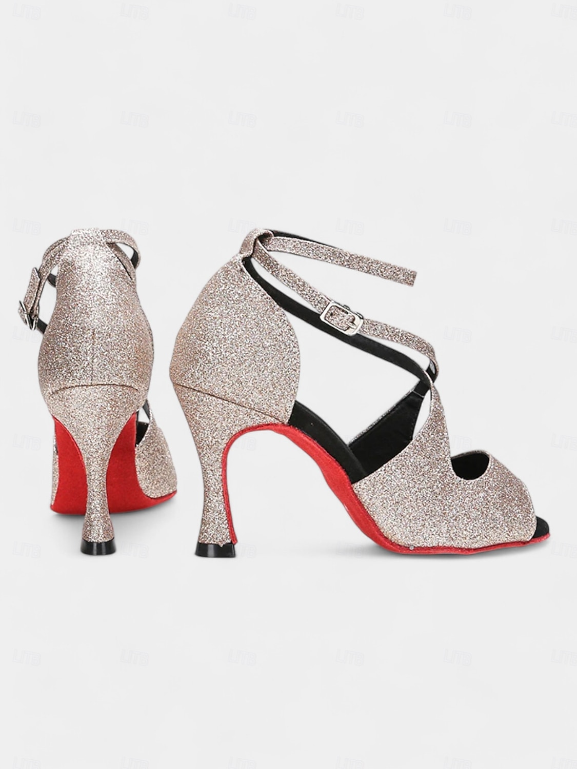 Latein-Tanzschuhe für Damen in Goldglitzer mit überkreuzten Riemen, weicher Wildledersohle und offenem Zehenbereich – High-Heel-Performance-Schuhe für Salsa, Tango und Gesellschaftstanz 2025 - $46.99 –P6