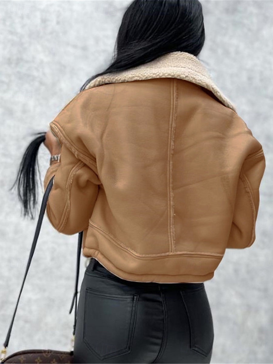 Dam Imitationsläderjacka Fleece-jacka Teddyrock Håller värmen Andningsfunktion Dragkedja Ficka Fleecefodrad Ledigt Slät Semester Gata Dagliga kläder Utekväll Dragkedja Kort Nedvikt Normal Långärmad 2025 - $45.99 –P9