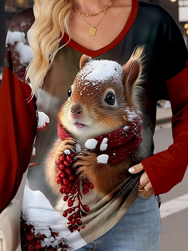 Camiseta de mujer con estampado casual, manga larga, cuello en V, para uso diario, color rojo, para primavera y otoño 2025 - $24.99 –P2