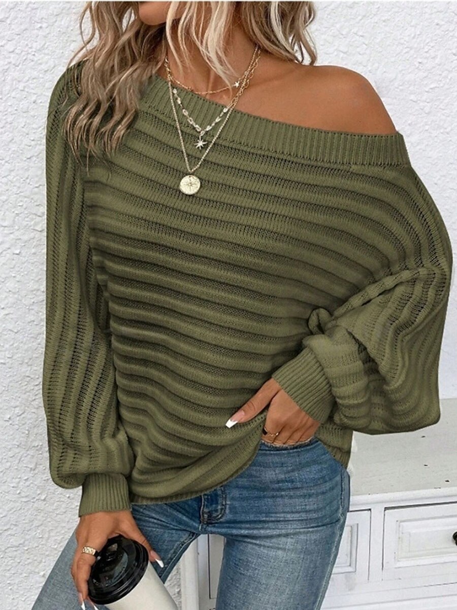 Women's Sweater Casual Soft Pure Color Ribbed Boat Neck Knitted Long Sleeve Regular Tops Knit Outdoor Daily Weekend Black White Fall Winter 2025 - $45.99 –P1