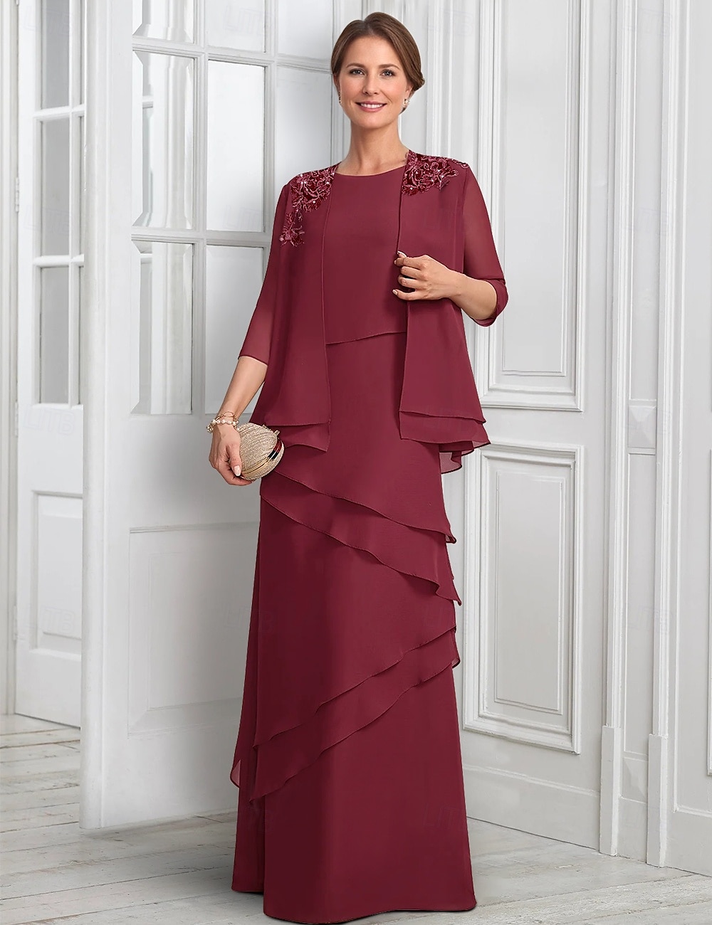 Modrý dvoudílný A-line formální oblek šaty matky nevěsty elegantní třpyt  lesk s náhrdelníkovým výstřihem podlahové délky šifon s polovičním rukávem a knoflíky a aplikacemi květu 2025 - $204.99 –P1