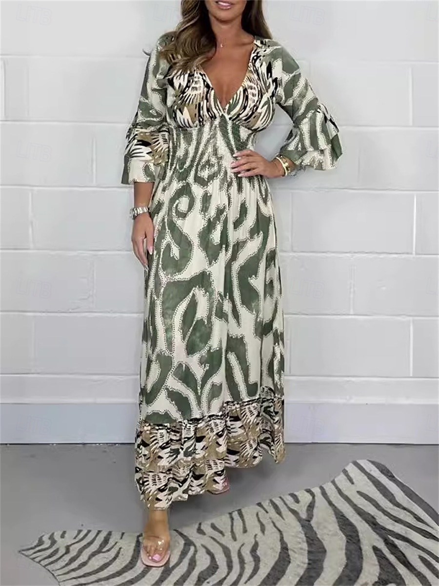 Damen Maxidress Casual kleid Schaukelkleid A Linie Kleid Boho-Kleid Brautkleider schlicht Täglich Regular Fit Blumen 3/4 Ärmel V Ausschnitt Schwarz Grün Aprikose Sommer Frühling Herbst 2025 - $23.99 –P3