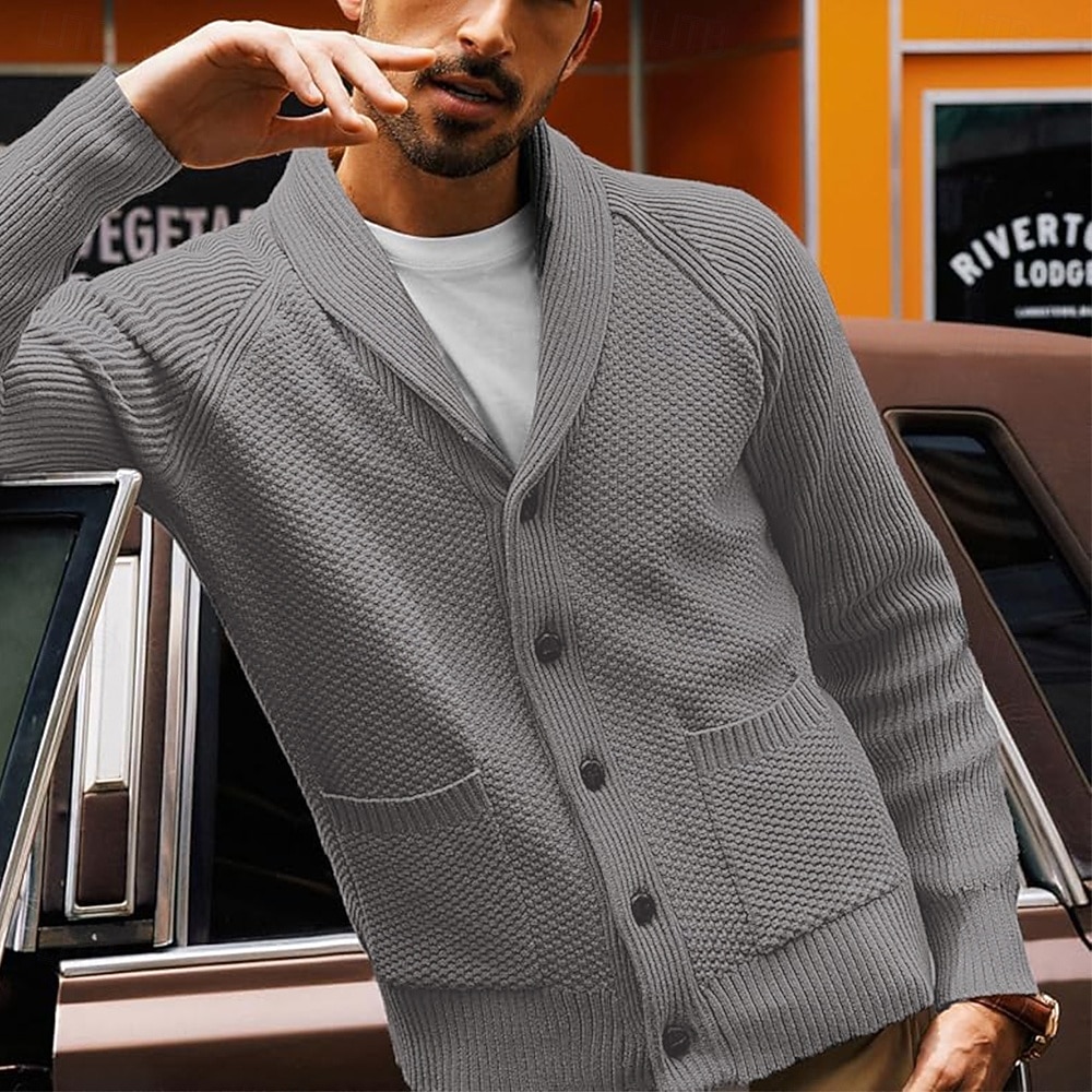 Per maschio Cardigan Cavi Maglia Standard A maglia Tinta unita / tinta unita Risvolto sciallato Capodanno eventi Abbigliamento Inverno Autunno Nero Blu S M L del 2026 a $51.99 –P6