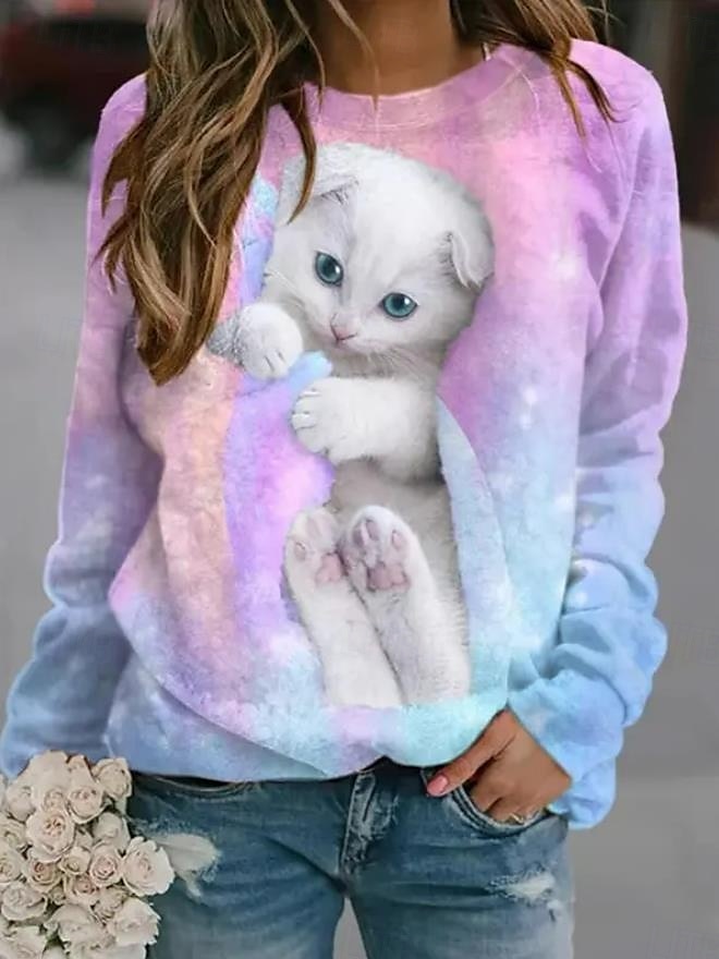 dámská mikina pulovr cat street casual sportovní basic kulatý výstřih dlouhý rukáv top mikroelastický pad &amp; zimní comfrt prodyšná měkká tkanina 2025 - $27.99 –P2