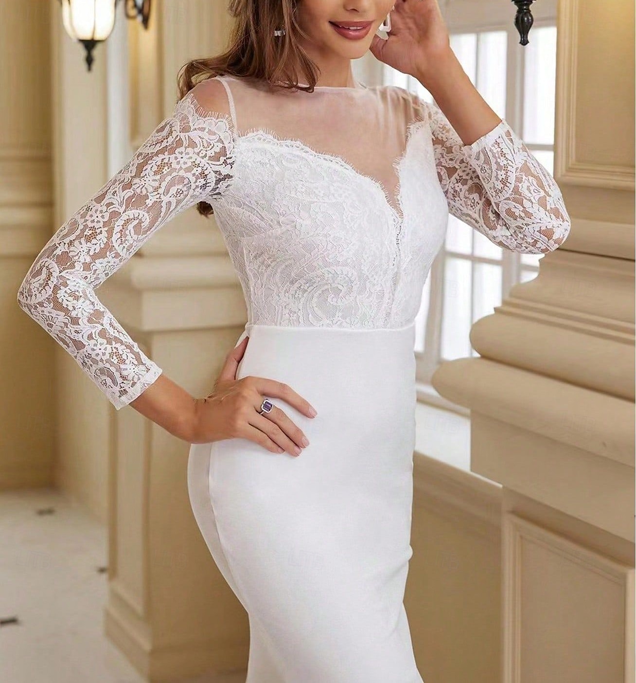 Brautkleider Meerjungfrau/Trompete Illusionsausschnitt Langarm Bodenlange Brautkleider aus Spitze mit Applikationen 2025 2025 - $126.99 –P3