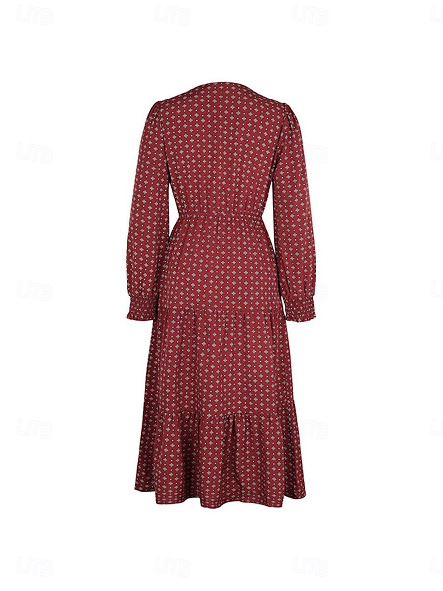 Femme Robe mi-longue Robe casual Robe Évasée Robe Trapèze Décontractées du quotidien Standard Floral manche longue Col V Vin Printemps Automne de 2025 ? $50.99 –P10