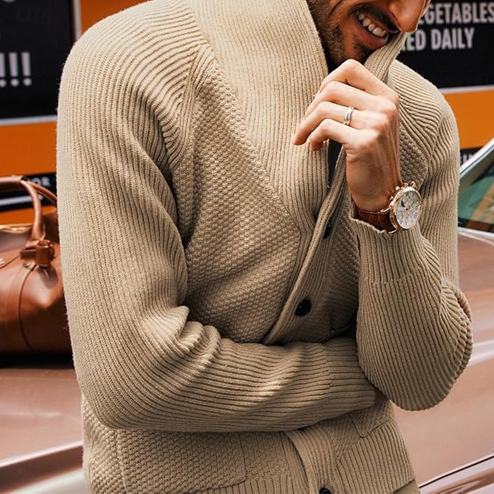 Per maschio Cardigan Cavi Maglia Standard A maglia Tinta unita / tinta unita Risvolto sciallato Capodanno eventi Abbigliamento Inverno Autunno Nero Blu S M L del 2026 a $51.99 –P3