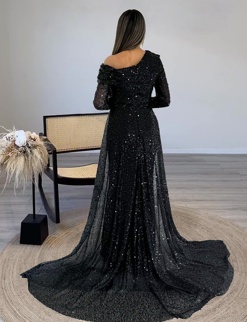 Abito da sera sagomato abito elegante formale strascico  spazzola maniche lunghe scollatura illusoria champagne madre della sposa abito in raso con perle sovraspettacolo del 2025 a $221.99 –P4