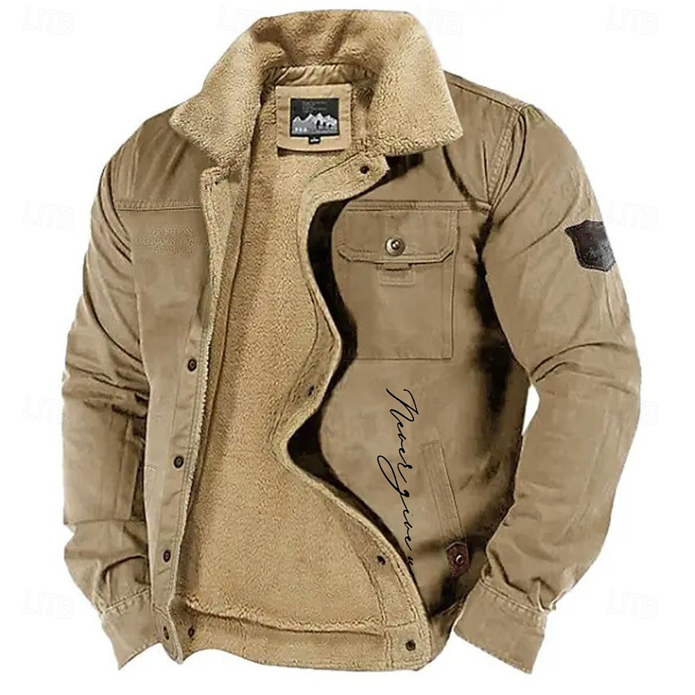 menns brevtrykt brodert fleecejakke sherpa trucker jakke arbeid cargo jakke turn-down krage varm vinter bomullsjakke vintage casual gå ut jakke multilommer 2025 - $52.99 –P5