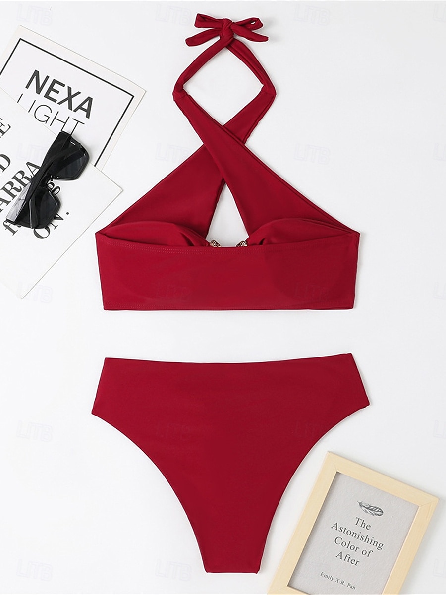 Dames Zwemkleding Bikini 2 stuks Brutaal Zwempak Blote rug Hoge taille Slank Vakantie Strand Kleding Effen Kleur Halternek Mouwloos Badpakken 2025 - $28.99 –P6