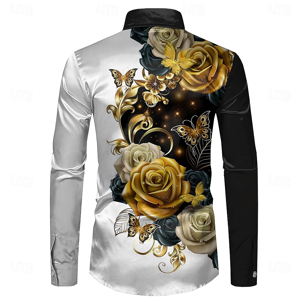 رجالي ورد زر حتى القميص قميص مصمم كم طويل عارضة الازياء عطلة حفل / مساء الربيع الخريف طوي زرر أسود 2026 - $29.99 –P3