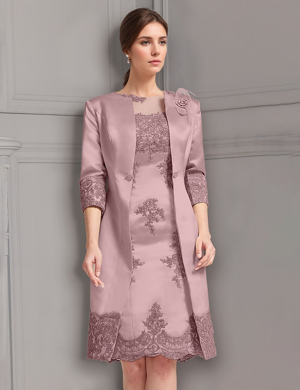 Sheath / Column Dress Suit Mother of the Bride Dress Elegant Vintage Jewel  Neck Knee Length Satin Lace 3/4 Length Sleeve Jacket Dresses with Appliques  Race Day Dress 2026 - $185.99