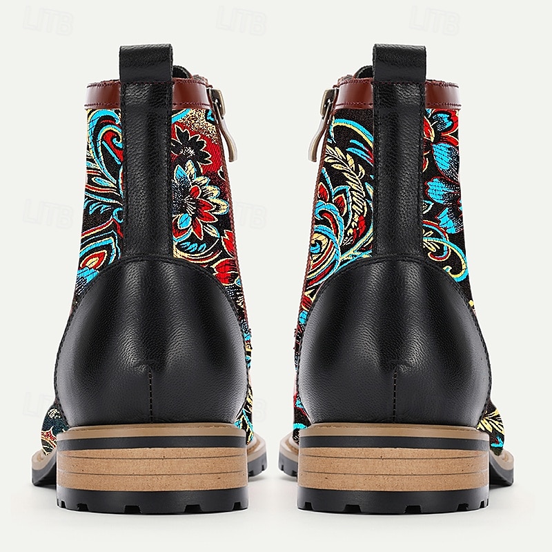 Men's Premium Cowhide Leather Lace-Up Boots with Floral Jacquard Design and Cap Toe - Stylish and Durable Ankle Boots for Casual and Formal Occasions 2025 - $109.99 –P5