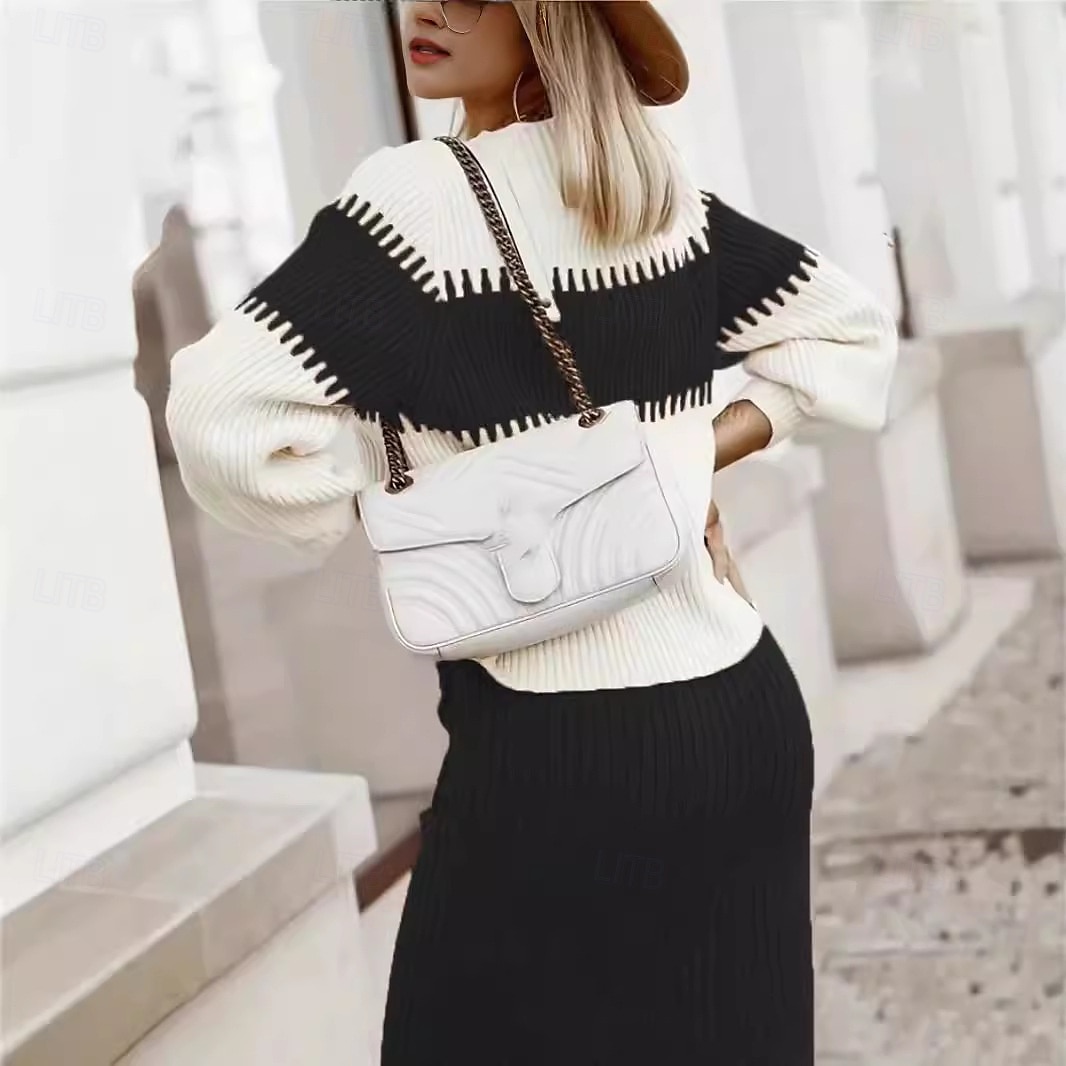 Damen Pullover-Koords Elegant Modisch Täglich Farbblock Gerippt Rundhalsausschnitt Vordertasche Langarm Normale Oberteile Stricken Arbeit Schwarz Rosa Herbst Winter 2025 - $52.99 –P2