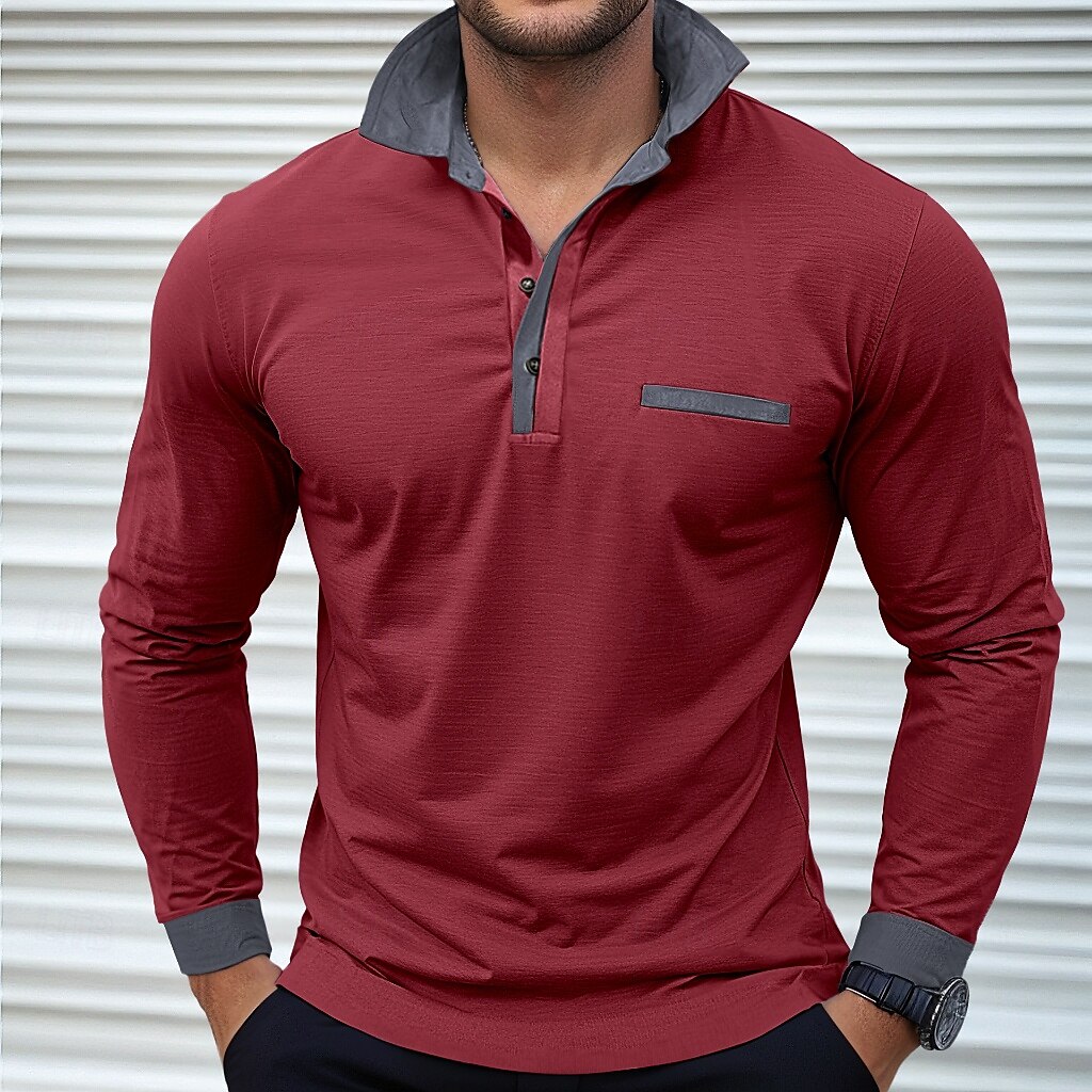 Herren Poloshirts Golf Poloshirts Strasse Geschäft Kargen Klassisch Langarm Modisch Basic Patchwork Tasche Farbblock Herbst Winter Jahreszeiten Regular Fit Hellblau Babyblau Schwarz Weiß Burgunderrot 2025 - $26.99 –P10
