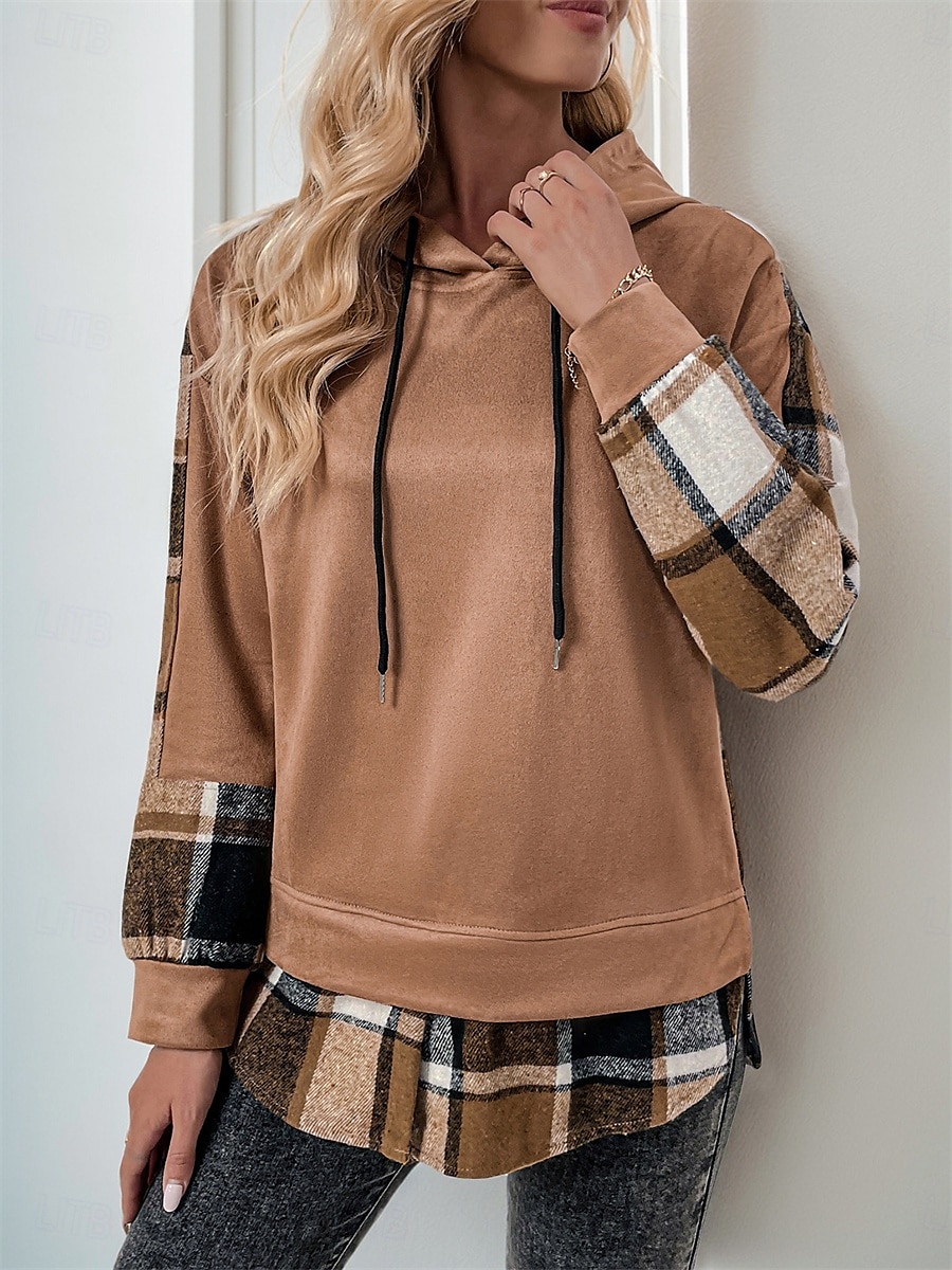 moletom feminino com capuz casual xadrez rua diário moletom com capuz patchwork estampa manga comprida marrom outono inverno de 2025 por $49.99 –P1