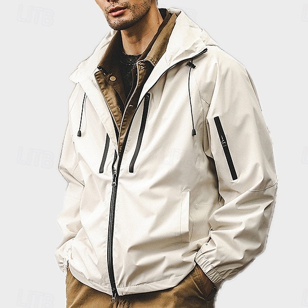 Men's Outdoor Jacket School Outdoor Waterproof Sunscreen Zipper Pocket Spring Fall Winter Solid Color Neutral Fashion Hooded Black White Blue Brown Jacket 2025 - $56.99 –P2