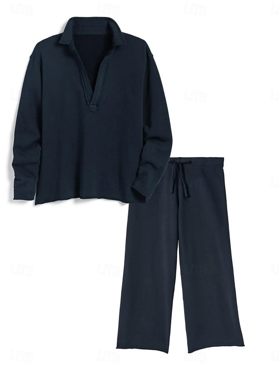Women's Linen-Inspired Sets Two Piece Sets Blouse Chinos Long Sleeve Solid Color Navy Blue Green Beige Fall Regular Fit 2025 - $30.99 –P6
