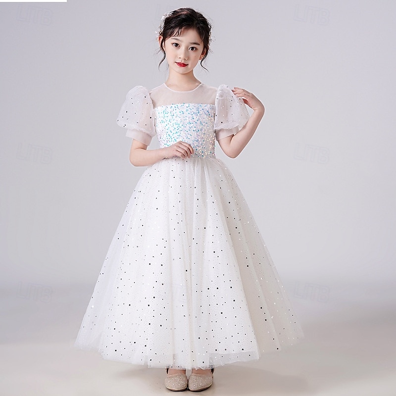 Bloemenmeisjesjurk kinderen Voor meisjes Prinses jurk Prestatie Bruiloft Feest Elegant Mooi Netstof Effen Kleur Korte mouw Strakke ronde hals Wit Blozend Roze 4 jaar + 2025 - $44.99 –P5